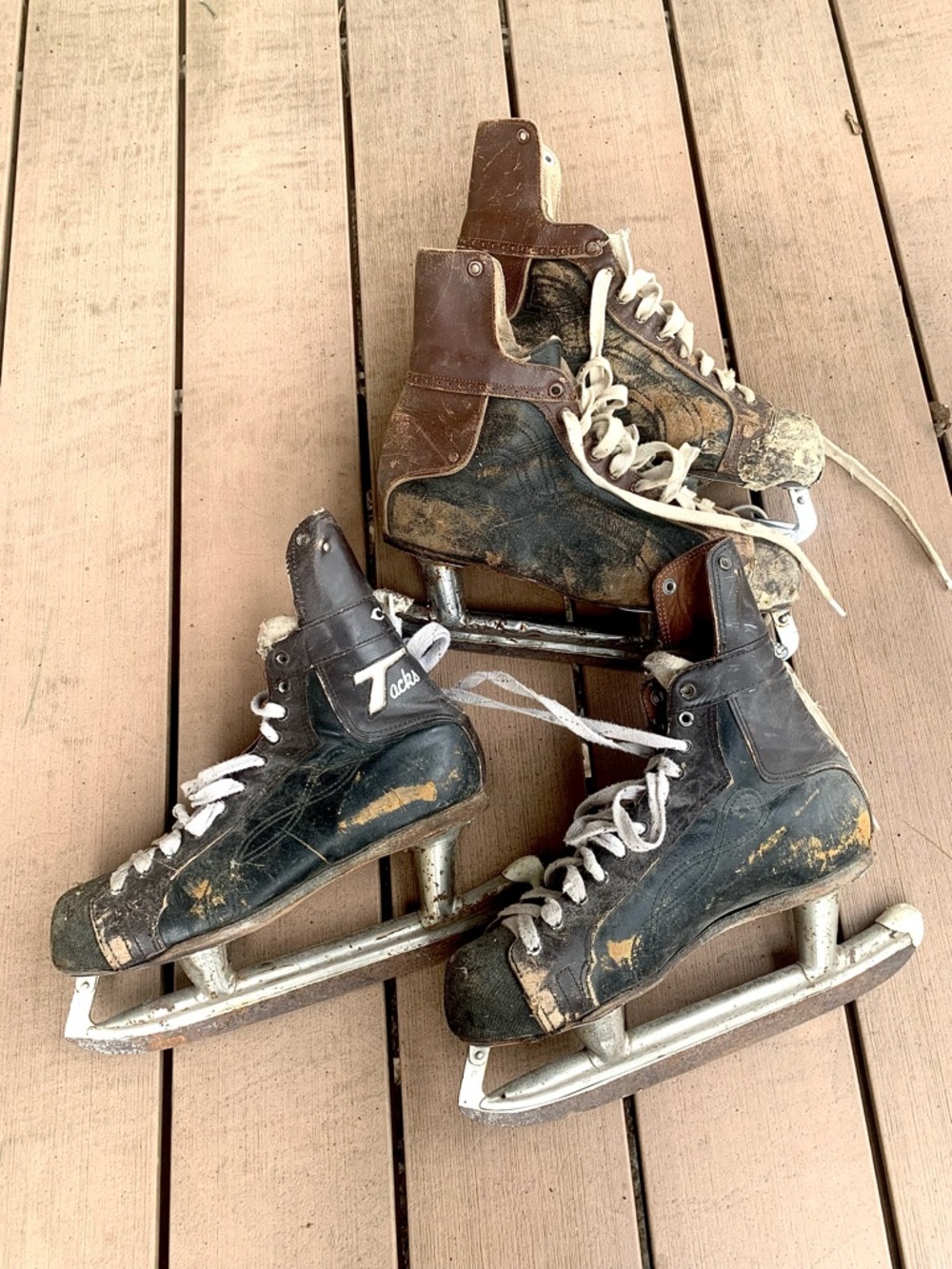 VTG Ice Skates CCM Tacks Black & Brown Hockey Bauer Silver Arrow Game Room Décor